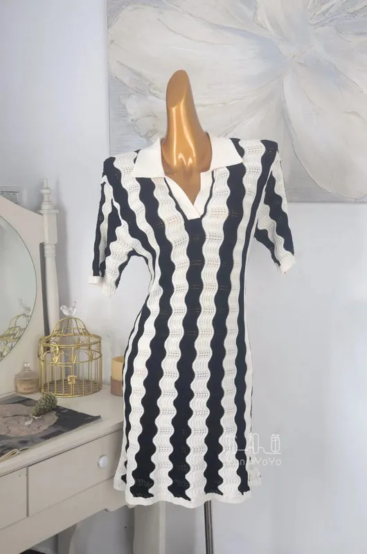 Polo Collar Half Vneck Wave Stripe Knit Dress Women Hollow Jacquard H-line Straight Short Dress Summer Elegant Ladies Mini Dres