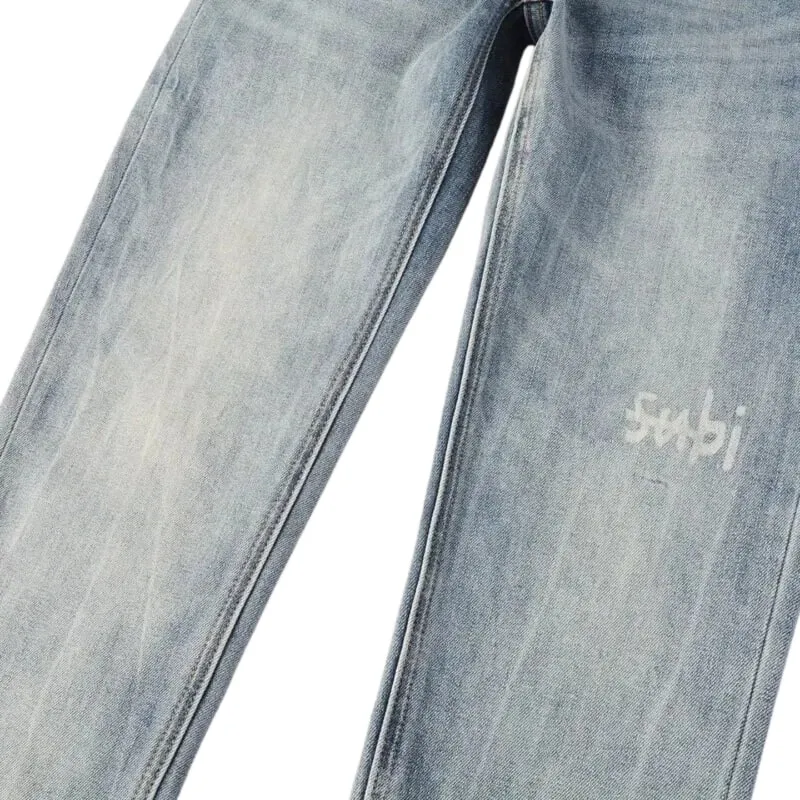 Men's High Street Light Blue Washed Distressed Denim Jeans With Embroidered Letter Motif Button Fly Suitable For All‑Season Wear — image 4