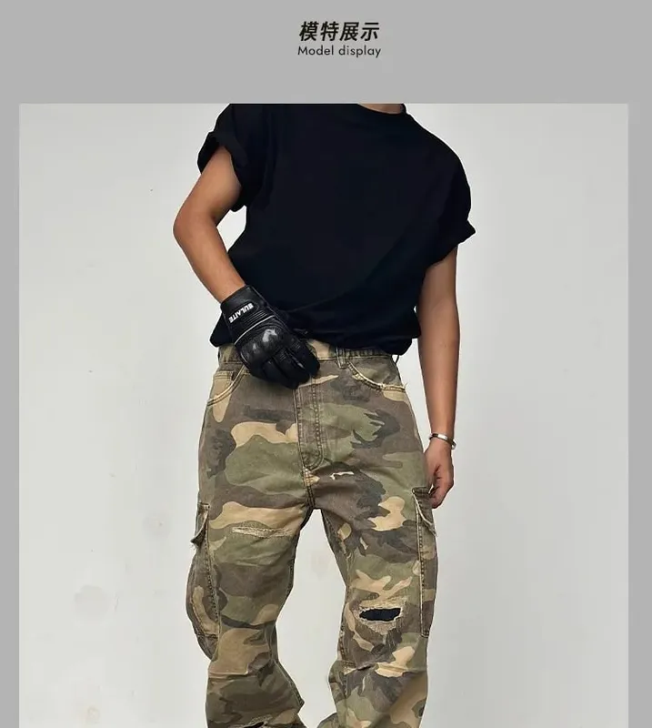 American Street Style Washed Camouflage Workwear Jeans Hole Straight Leg Spring Autumn Casual Cotton Trendy Long Pants — image 8