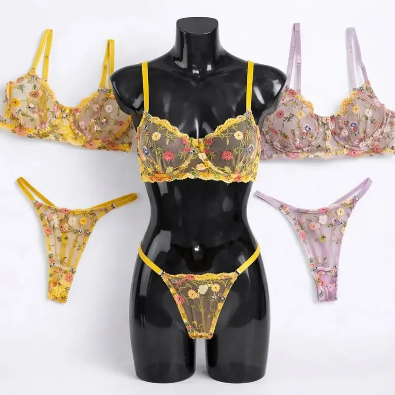 2-Piece Fashion Floral Lingerie Set Embroidery Versatile Underwear Intimates Underwire Push-up Sheer Bra Panty Set For Lady Girl