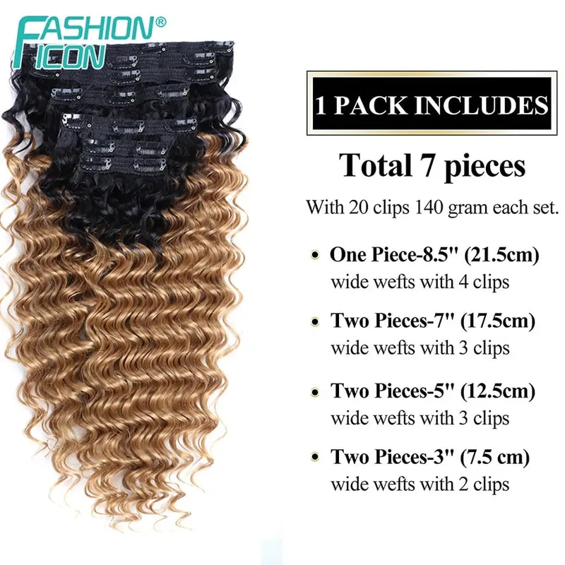 24 Inch Deep Wave Clip In Hair Extensions Synthetic Ombre 7Pc/140g Full Head Curly Hairpieces Heat Resistant Fake Hair for Women — image 4