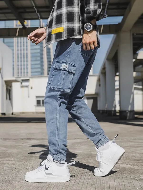 กางเกงยีนส์ Jogger ผู้ชายล้างผ้าฝ้ายยืดเล็กน้อยหลายกระเป๋ากางเกงยีนส์กางเกงคาร์โก้เอเชียขนาด L-6XL
