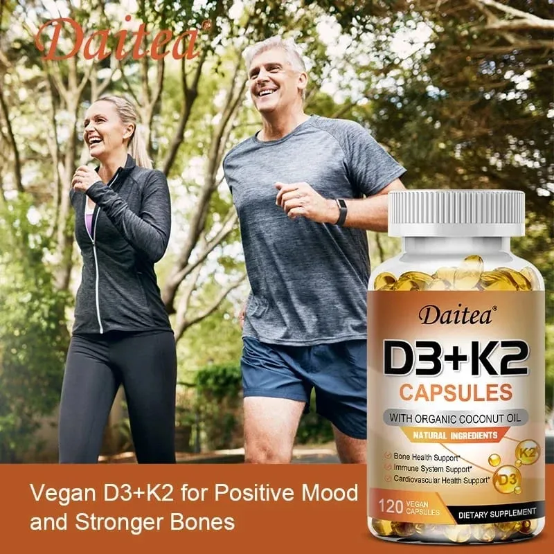 Cápsulas veganas de vitamina D3 K2 - Aceite de coco orgánico - Suplemento diario para un sistema inmunológico y huesos saludables Sin gluten ni soja