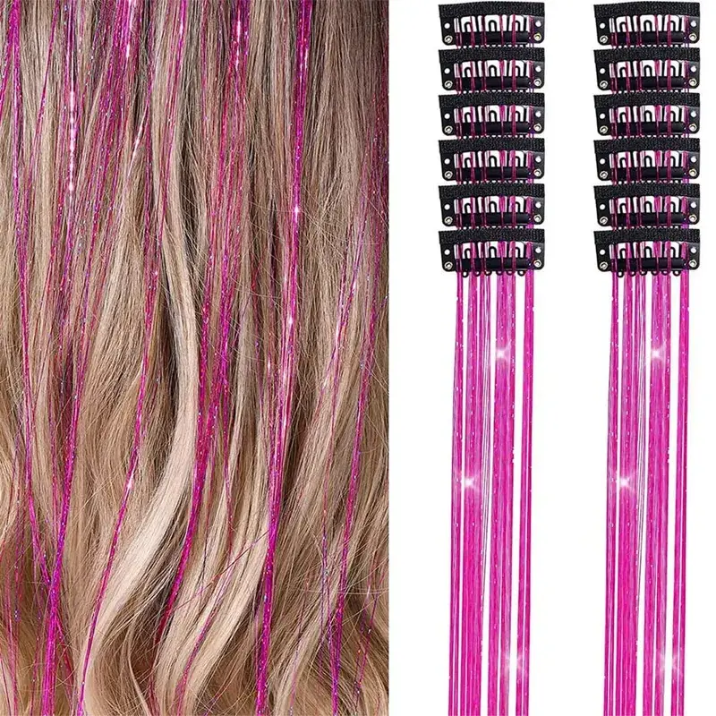 12Pcs Clip Hair Tinsel Clip in Glitter Tinsel Hair Extensions Synthetic Heat Resistant Shiny Sparkle Hair Tinsel for Women Girls