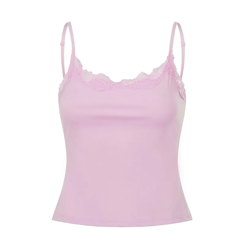 Women’s Lace Trim Pink Cami Vest Spaghetti Strap Sleeveless Slim Fit Tank Top Casual Summer Daily Wear Crop Tops Streetwear — image 12