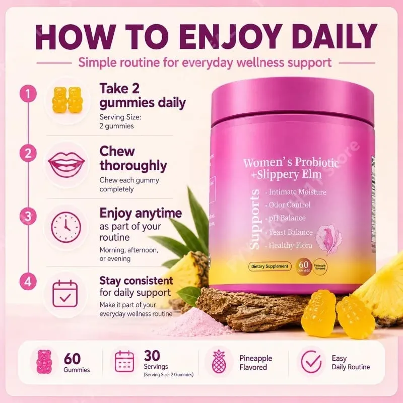 Feminine Wellness Probiotic Gummies with Slippery Elm PH Balance and Flora Support for Women Pineapple Flavor 60 Count — image 5