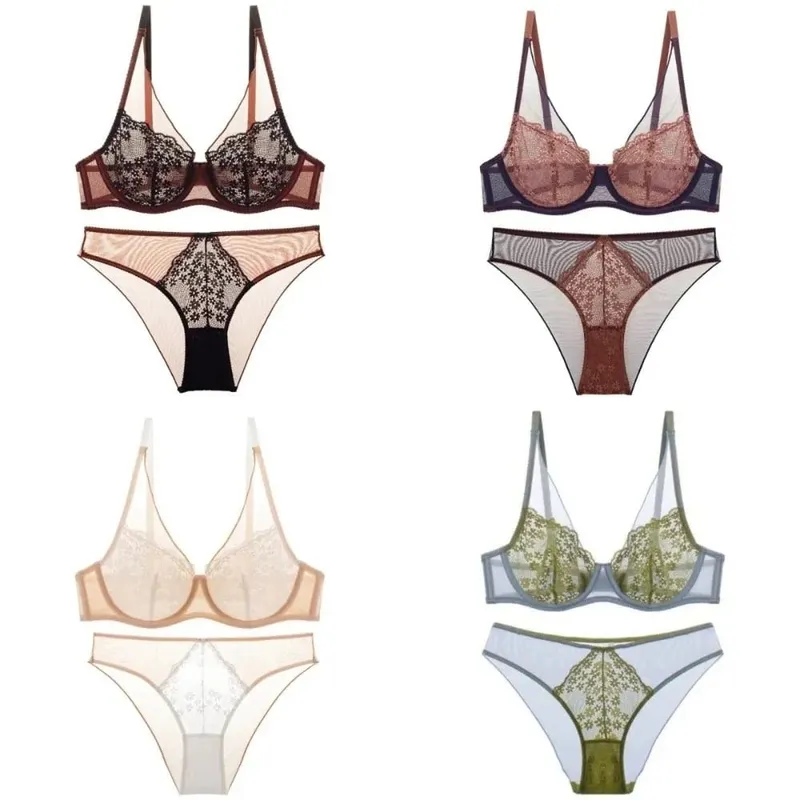 Sweet Mesh Lace Flower Bra Set Lingerie Brassiere Mesh Bra Panties Kit Thin Seamless Push Up Bra Women Lady — image 5