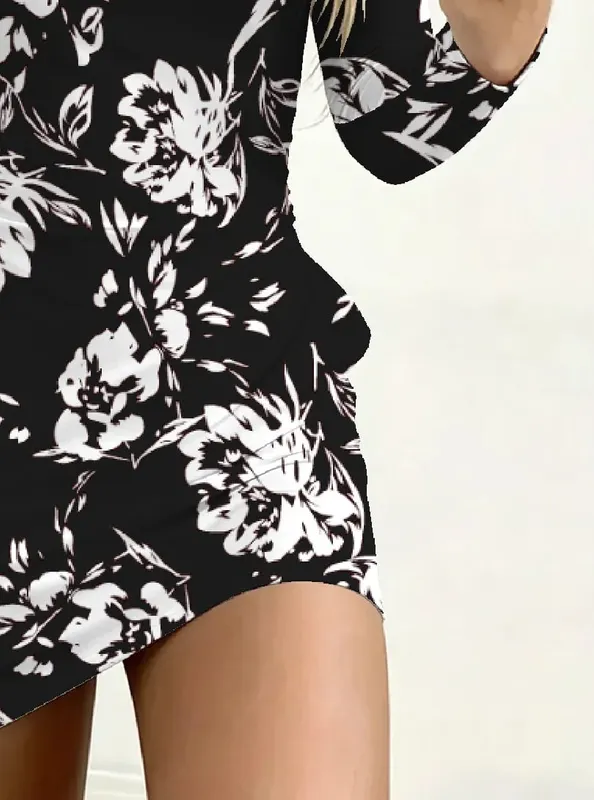 Women's Casual Long-Sleeved Floral Print Dress with Pockets round Neck Waist Cinching Mini Skirt Length for Autumn — image 4