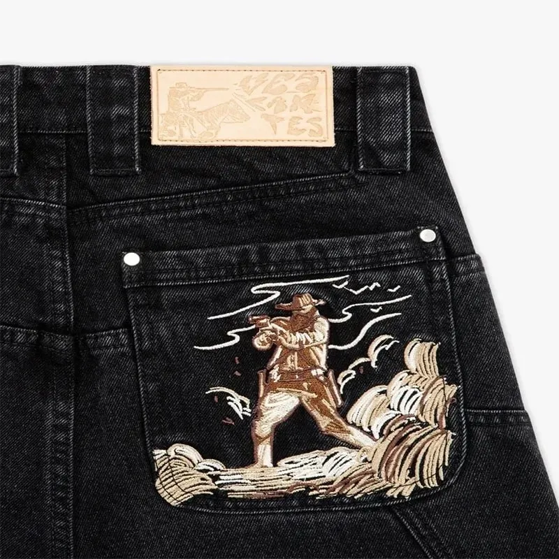 Men Black Baggy Jeans with Warrior Embroidery Pockets Wide Leg Denim Pants Y2K Streetwear Hip Hop Trousers — image 5