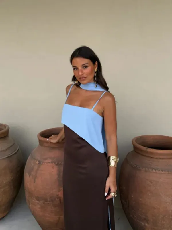 Fashion Contrasting Sling Dress Women Square Neck Sleeveless High Waist Slim Maxi Dress With Scarf 2026 Summer Lady Party Robe — image 5