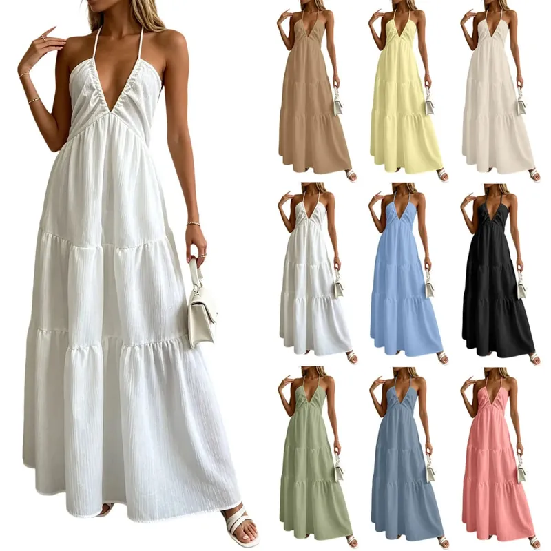 Summer Halter Neck Women's Dress Elegant Chic Wedding Party Beach Dress Backless Flowy Vacation Boho Sling Long Dresses Women — image 1