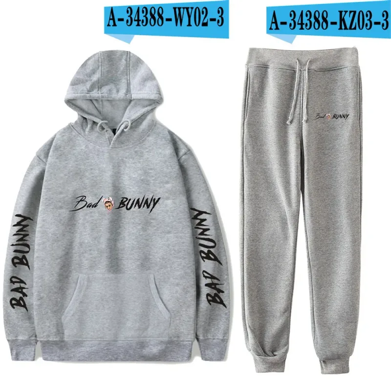 Harajuku Comfortable Funny bad bunny Print Sweatshirt Sweatpants Suit Men/Women Hoodies+ Trousers Suit Cute 2 Piece Set Clothes — image 36