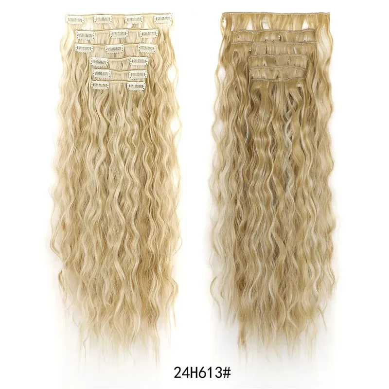 Clip in Synthetic Hair Extensions Brown Blonde Color Mermaid Waves Synthetic Hair Pieces for Women 6pcs Set