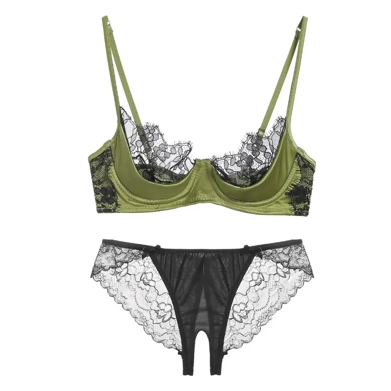 Half Cup Lingerie Set Women Green French Lace Ultra Thin Sheer Soft Comfortable Underwire Bra Small Bust 32‑38AB Set — image 2