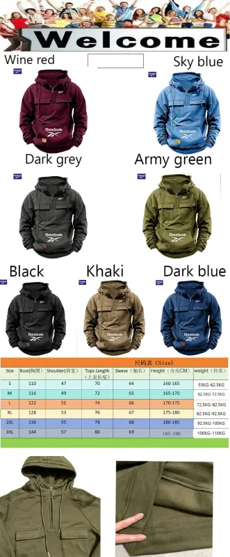 2026 Reebok Logo Multi-Pocket Design Hoodie - The Top Choice for Fashionable Autumn and Winter, a Semi-Zippered Hooded Comforta — image 8