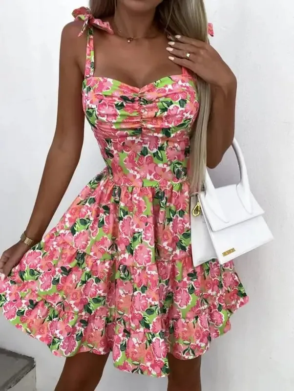 Summer Fashion Flower Print Waist Pleated Dress For Women Y2k Casual Vacation Beach Sundress Spaghetti Strap Mini Dress Female — image 3
