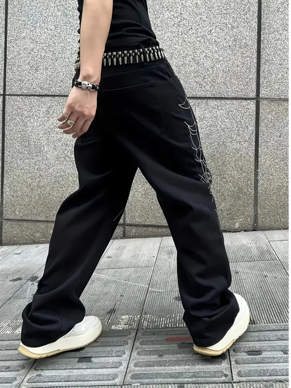 Men's Black Jeans Spider Web Printing Loose Wide Leg Casual Daily Trousers High Street Fashion Trendy Streetwear Denim Pants — image 6