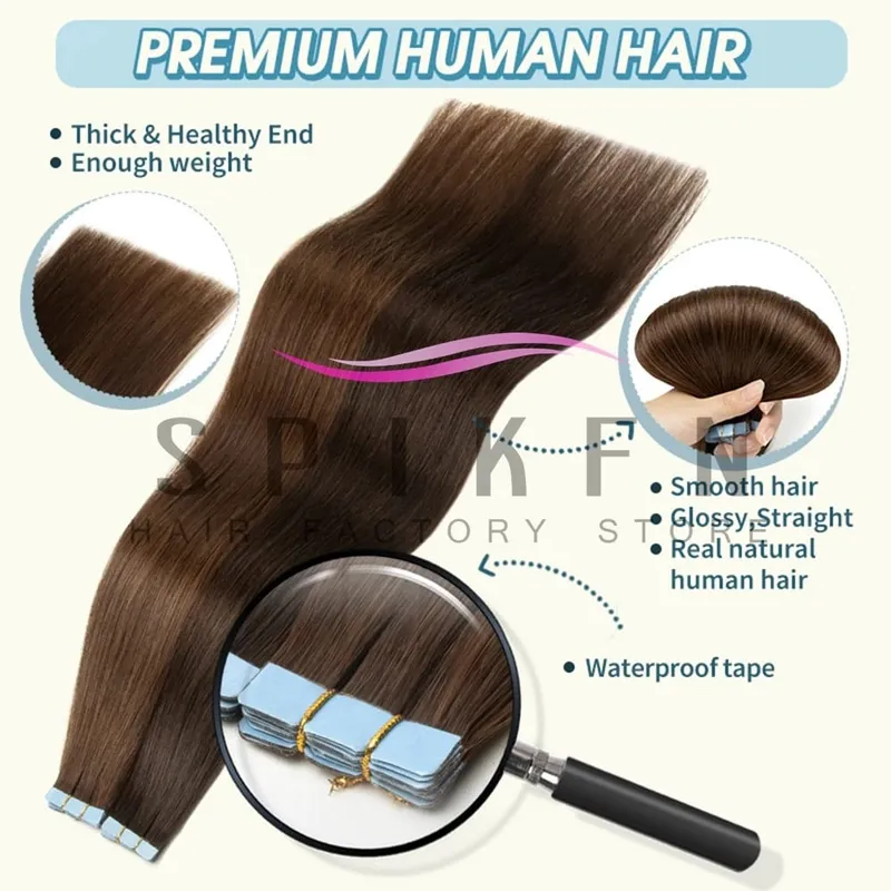Mini Tape In Human Hair Extensions 12"-20" Machine Remy Skin Weft Adhesive Tape Hair Natural Black Tape Ons 10pcs for Women — image 4