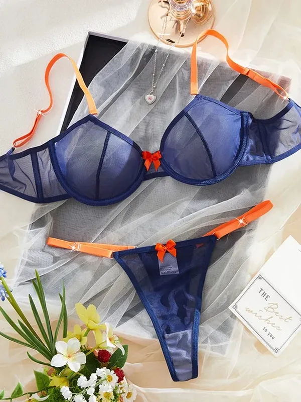 Quần Lót Nữ Màu Xanh Hải Quân Sheer Lưới Quần Lót Thép Nhẫn Áo Ngực Nơ Cam Đùi 2 Miếng Gợi Cảm Màu Sắc Tương Phản Dùng Thân Thiết