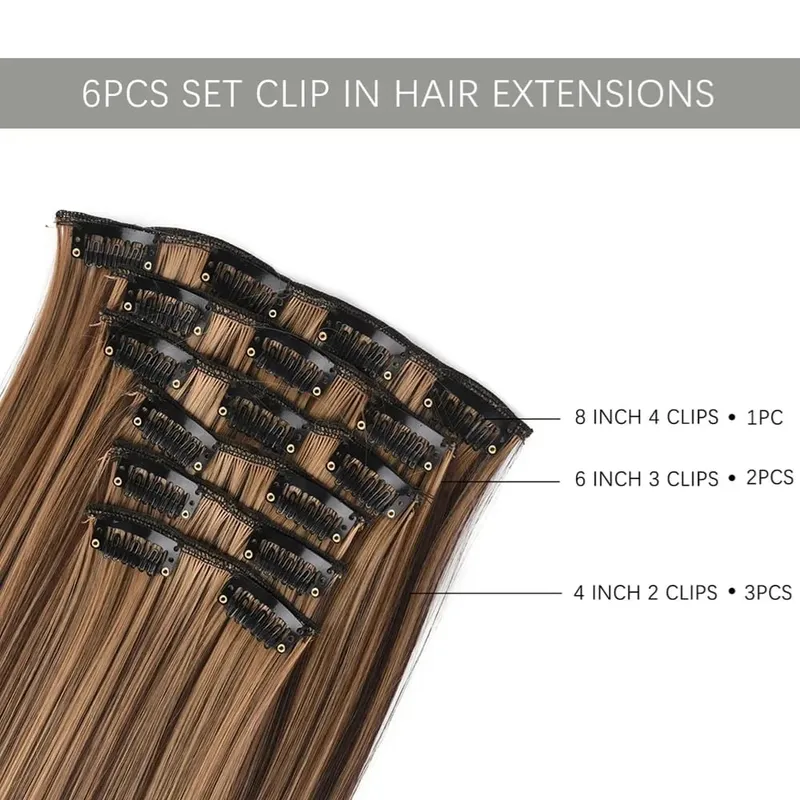 24 Inches Long Synthetic Hairpieces for Women 6Pcs Medium Brown Blonde Highlights Clip In Natural Thick DIY Styling Fiber Hair — image 5