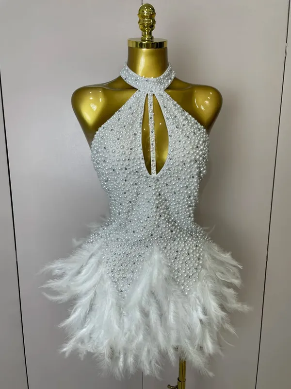 Women Luxury Rhinestones Pearls Feathers Halter Backless Short Dress Women Sexy Celebrate Birthday Dress Nightclub Stage Costume — image 8