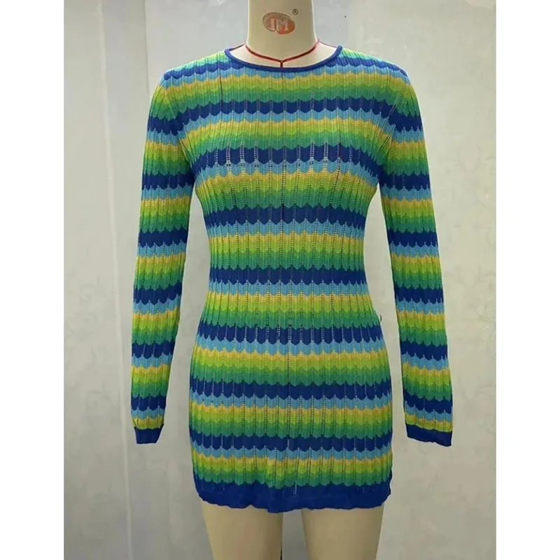 Candy Colored Stripes Women's Slim Bodycon Dress Long Sleeved Backless Mini Dress Autumn Winter Evening Club Party Wear