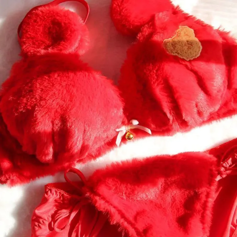 Winter Cute Cartoon Bear Embroidery Sweet Lingerie Bras Underpants Underwear Two Piece Sets Sweet Plush Set Sexy Girlfriend Gift — image 5