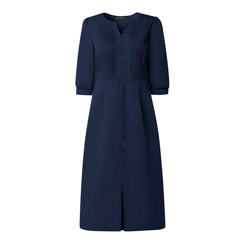 2026 ZANZEA Stylish Split Hem Dress Women Summer Sundress V Neck Half Sleeve Holiday Midi Robe Casual Solid Color Work Dresses — image 9