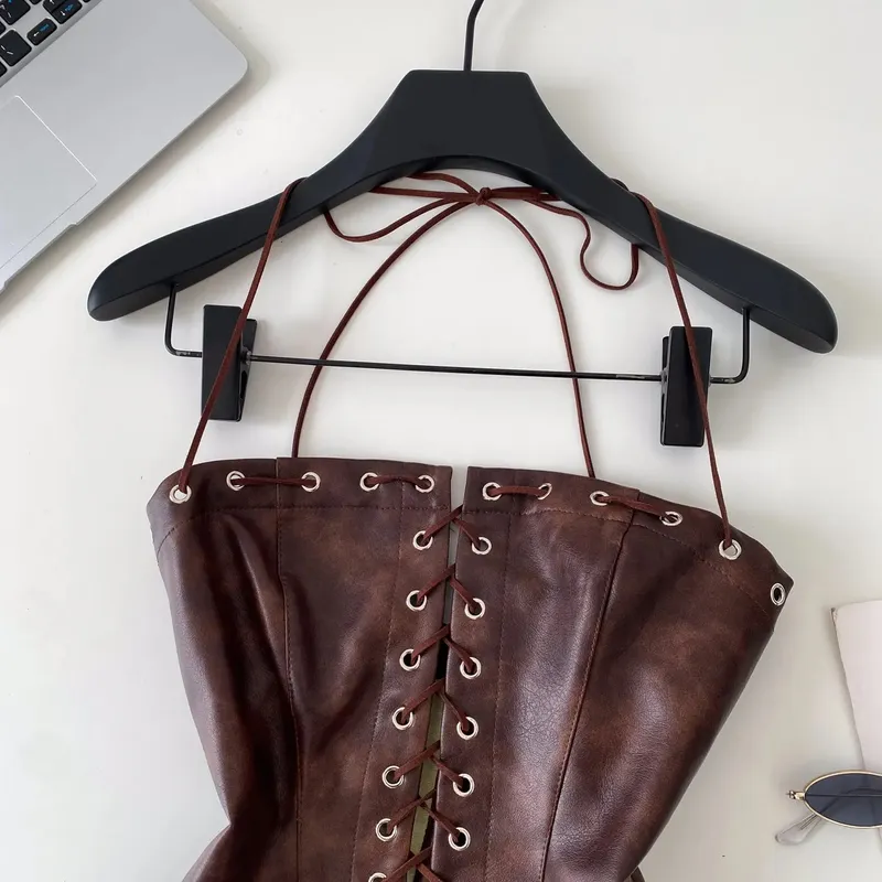 Sexy Bandage Pu Solid Tanks Top Vintage Corset Bustier Korean Autumn Camis Women Party Crop Top Y2k — image 6