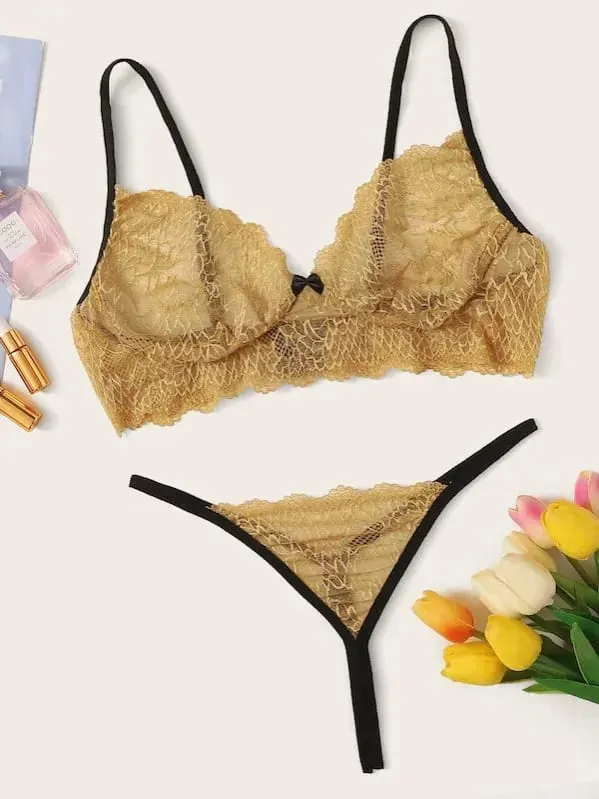 Sexy See through Lingerie Set with Suspender Transparent Bra And Panties for Young Women Fixed Strap Bralette Thin Cup Design — image 3
