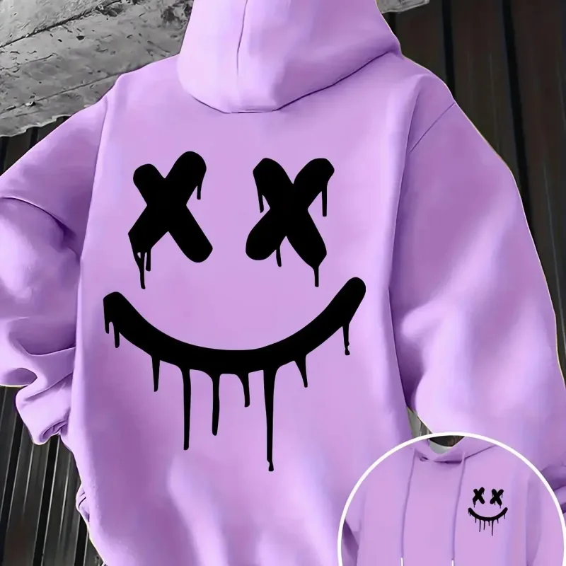 Smiley face print men's and women's autumn winter trendy printed hooded fleece sweatshirt front back casual hoodie — image 13