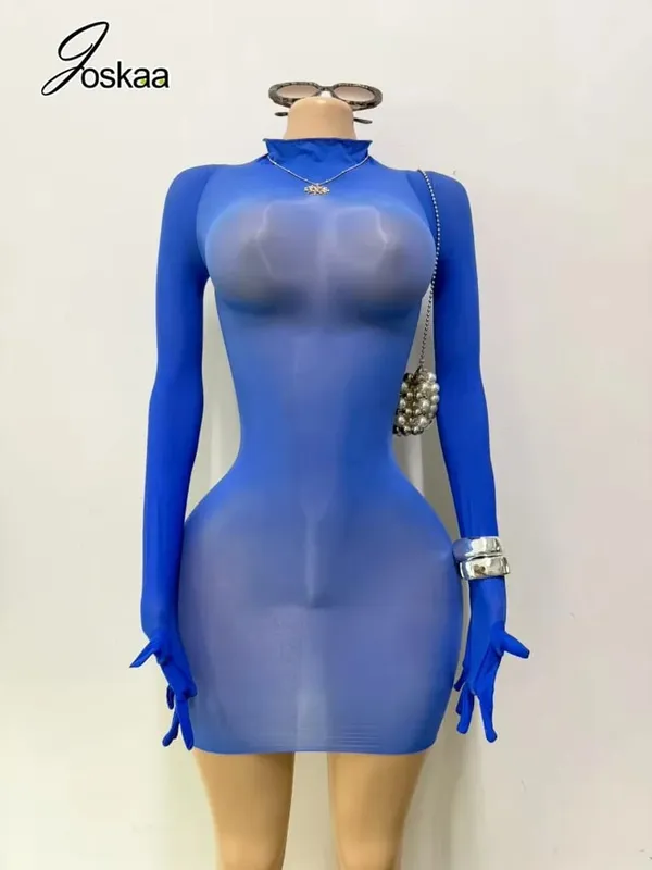 Joskaa Sexy Glossy Oil Shine Dress Long Sleeve Finger Gloves Design Seamless Bodycon Silky Smooth Tight Pantyhose Mini Dresses — image 3