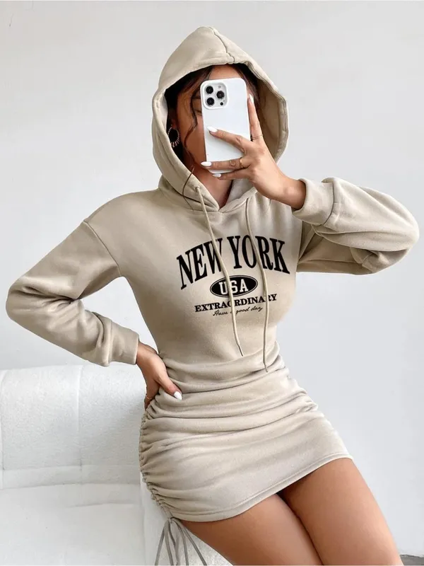 Women's Rest Elegant Hooded Strap Long Sleeve Letter Printed Solid Color Waist Skirt Strap Dress Mini Skirt Length — image 5