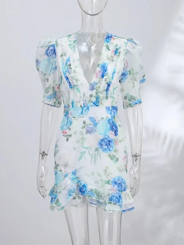 Floral Print Side Split V-Neck Mini Dresses Slim Fitwaist Cinching Puff Sleeve 2026 Summer Elegant Women Party Sweet Vestidos