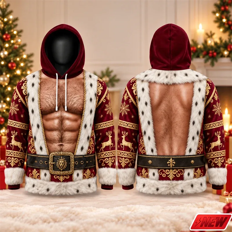 Fashion Christmas Party Streetwear Hoodie Men Holiday 3D Print Funny Fake Muscle Santa Suit Reindeer Graphic Festive Sweatshirt — image 9