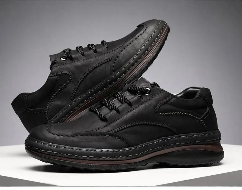 Men Handmade Stitching Cowhide Shoes Casual Lace Up Walking Footwear Comfort Non Slip Rubber Sole Breathable Outdoor Daily Shoes