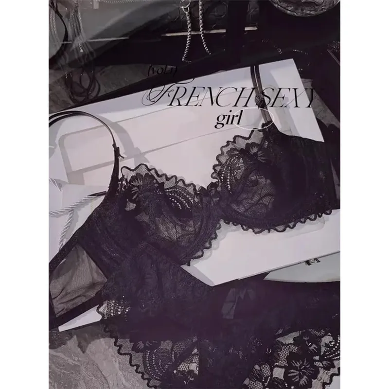 French Ultra Thin Sheer Lace Bra Set Underwire Perspective Beauty Back Large Bust Minimizer Side Shaping Anti Sag 32-38 Bra Set — image 3