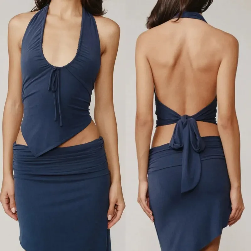 Wj Deep V Drawstring Halter Top with Back Tie Asymmetrical Hem Waist-Revealing Hot Girl Short Top Ruched Waist Tie-Back Diagonal Hem Sleeveless Top Backless Top — image 1