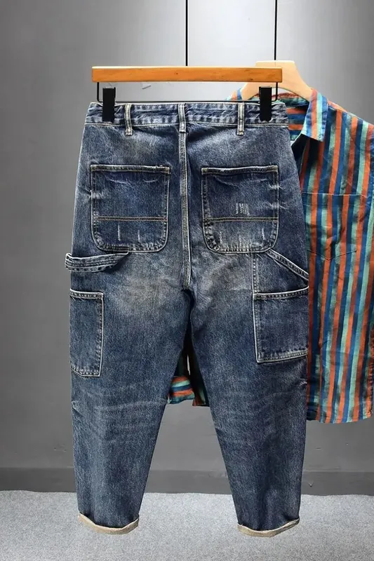 Pesado na moda 2025 marca de ferramentas jeans multi-bolso tendência masculina solta retro pequenos pés harlan retalhos carga calças retas — image 8