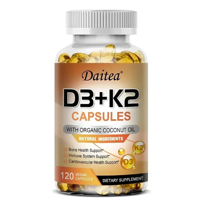 Cápsulas veganas de vitamina D3 K2 - Aceite de coco orgánico - Suplemento diario para un sistema inmunológico y huesos saludables Sin gluten ni soja