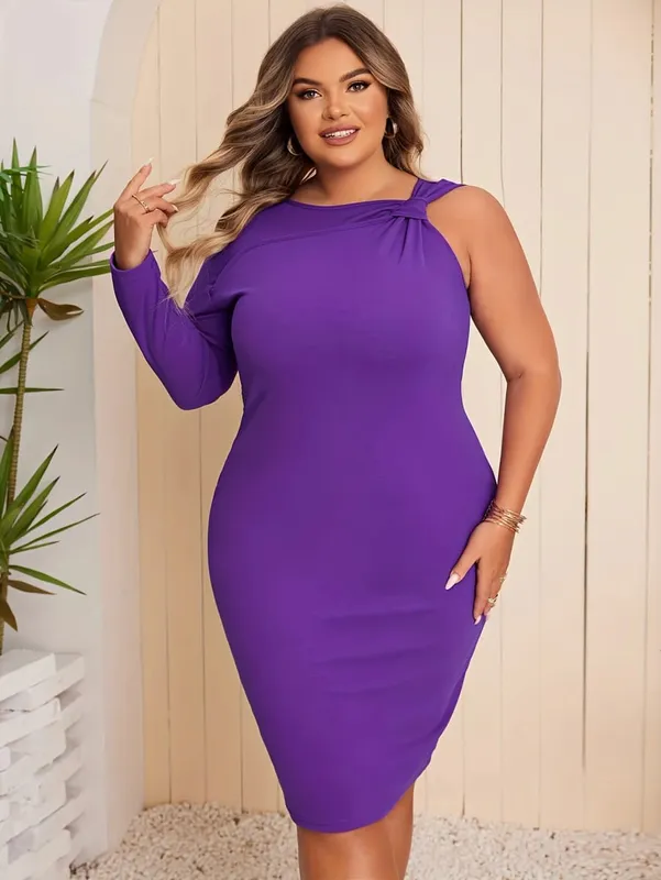 Elegant Plus Size Purple One-Shoulder Dress with Asymmetric Sleeve Design for Any Occasion — image 6