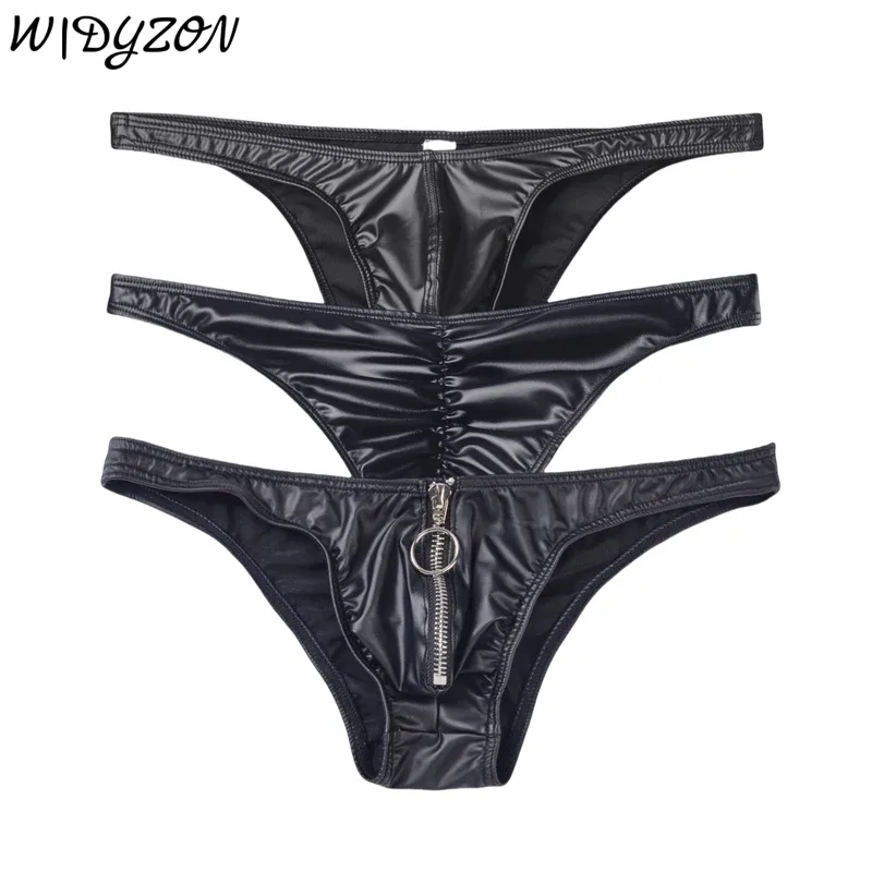 3pcs Men Bikini Faux Leather Briefs Underwear Man Sexy Mini Underpants Cuecas Butt-lifting Zipper Low Waist Male Sissy Panties — image 11