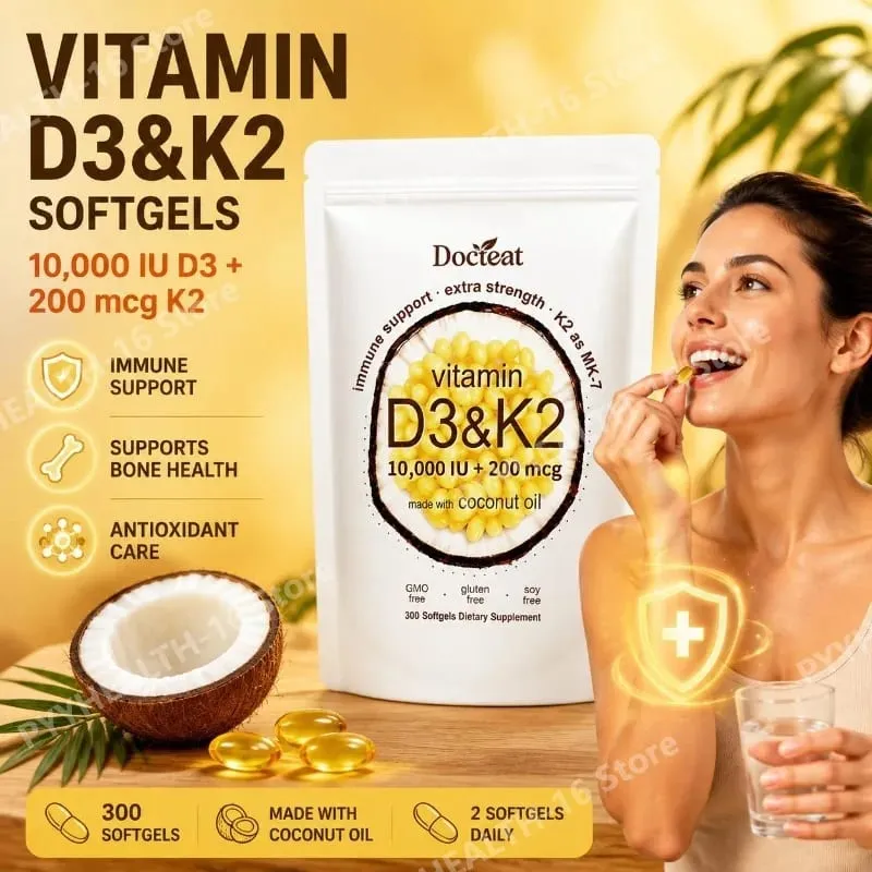 Docteat Vitamin D3 & K2 Softgels with Immune Support and Bone Health Coconut Oil GMO Free Gluten Free Soy Free 300 Softgels — image 1