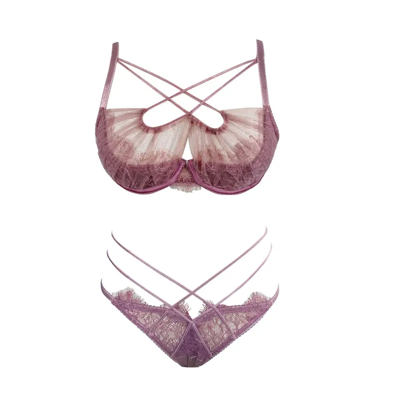 French Lace Embroidery Cross Strap Lingerie Set Mesh Push Up Bra Panty Hollow Sexy Women Intimate Underwear Suit S-XL Party Wear