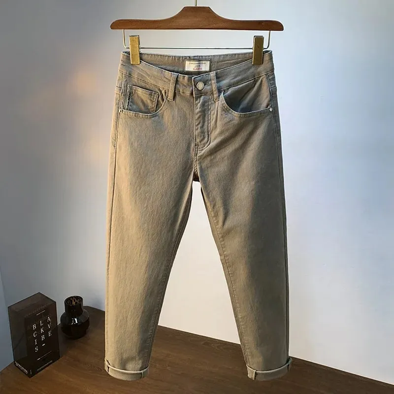 Calças de brim masculinas de luxo leve 2025 verão fino estiramento cônico pequeno perna reta casual versátil denim calças de cor sólida — image 3