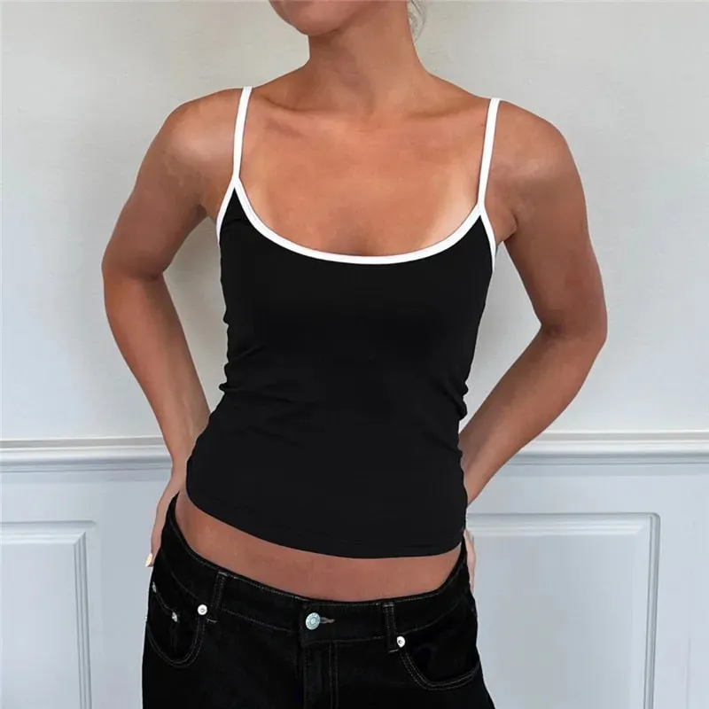 hirigin Y2K Color Block Trim Cami Top White Piping Spaghetti Strap Slim Fit Tank Solid Color Casual Streetwear Going Out Tops