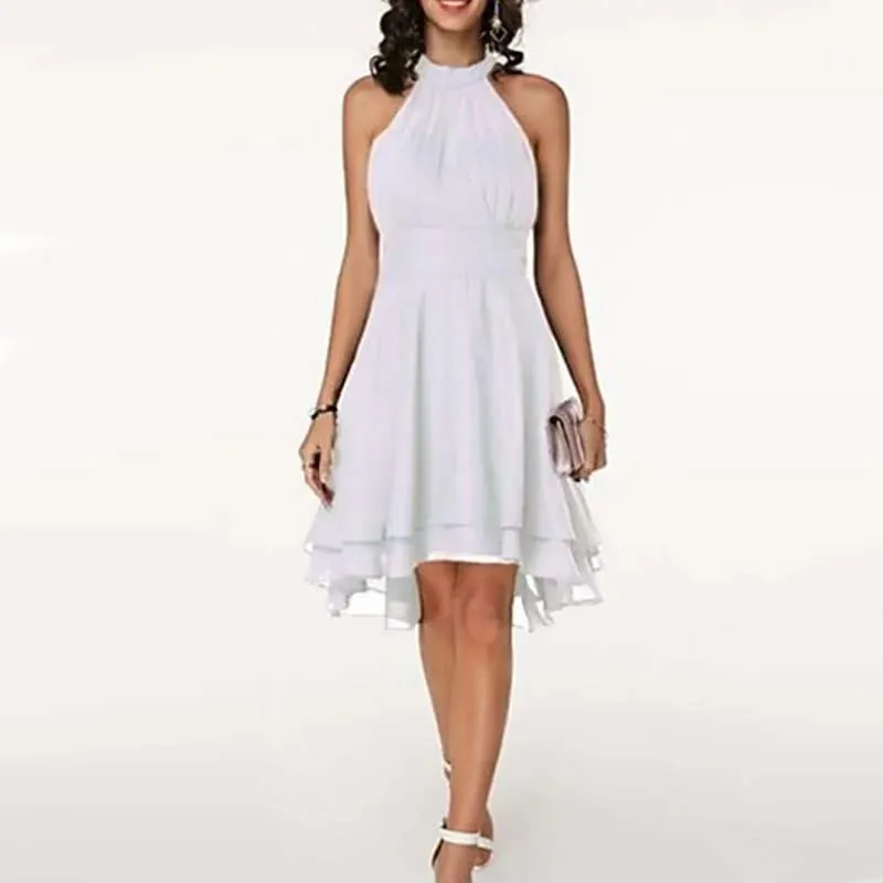 Pakaian Elegan Wanita Musim Panas Pepejal Pinggang Tinggi Halter Gaun Midi Tanpa Lengan Gaun Slim Pesta Chiffon Berlapis Lapis Wanita — image 12