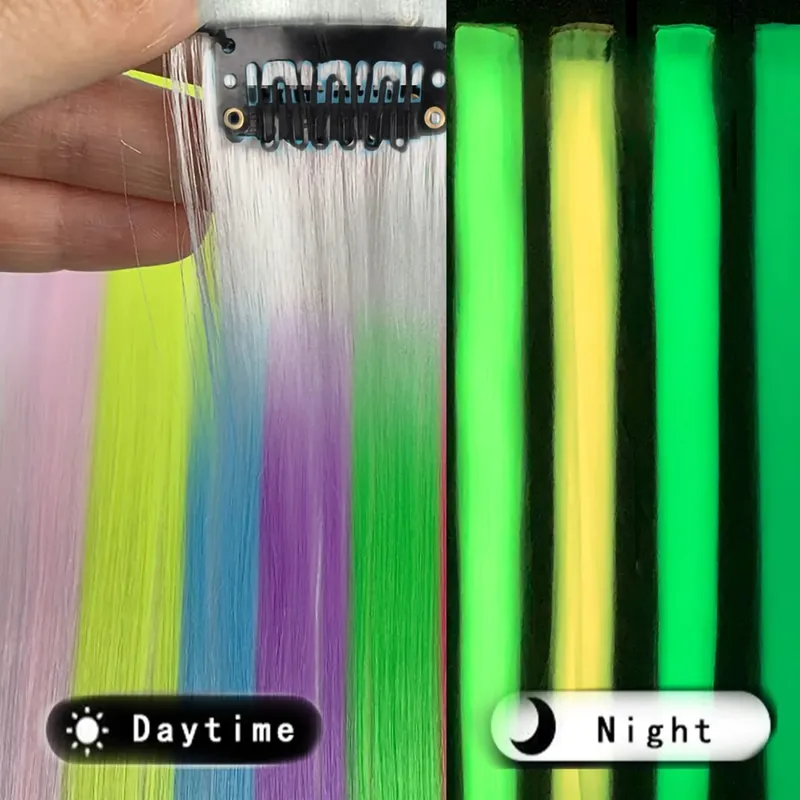 20 Inch Glow in the Dark Hair Extensions Clip Luminous Colored Hairpieces Party Rainbow Hair Clips Synthetic Straight Wig — image 4