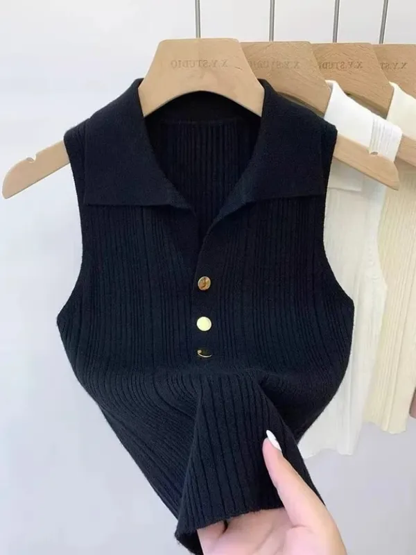 Zjaiss 2026 Spring Summer Slim Versatile Camisole Women's Polo Lapel Tank Tops Vest Ice Silk Knit Sleeveless Tops — image 4