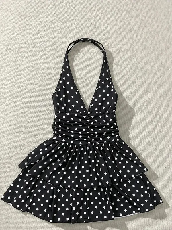 Vintage Polka Dot Halter Dress for Women Deep V‑Neck Backless Ruched Waist Tiered Ruffle Dress Retro Party Casual Short Dresses